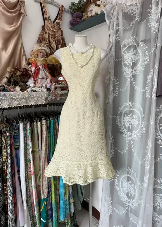 Apricot sleeveless fitted lace sexy mini dress, ball gown R6356