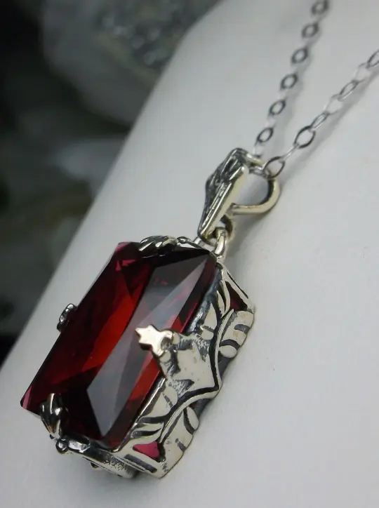 Red Ruby Pendant, Rectangle Pendant, Vintage Art Deco Necklace, Design#P15 - Ready to Ship