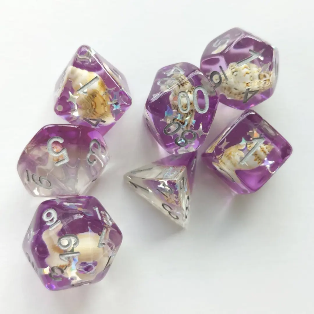 Purple Conch Dice Set – 7-Piece Real Seashells Diamond Star Glitter DnD Dice