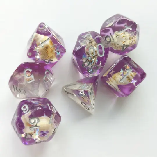 Purple Conch Dice Set – 7-Piece Real Seashells Diamond Star Glitter DnD Dice