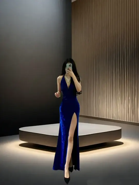 Blue halter-neck fitted waist slim-fitting slit sexy ball gown R8047