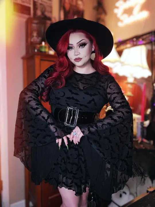 Dracuella Velvet Bat Mini Dress - Gothic Witch Dress - Bell Sleeve Witchy Dress
