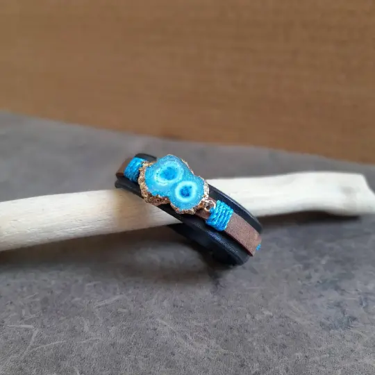 OOAK Druzy Chrysocolla Cuff | Layered Leather & Gold