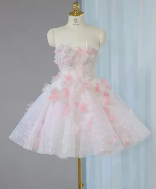Pink and white tube top waist diamond-studded three-dimensional flower puffy princess skirt homecoming dress R4189