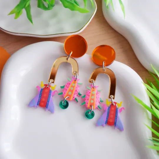 Orange Geometric Colorful Arch Insect Laser Cut Acrylic Earrings