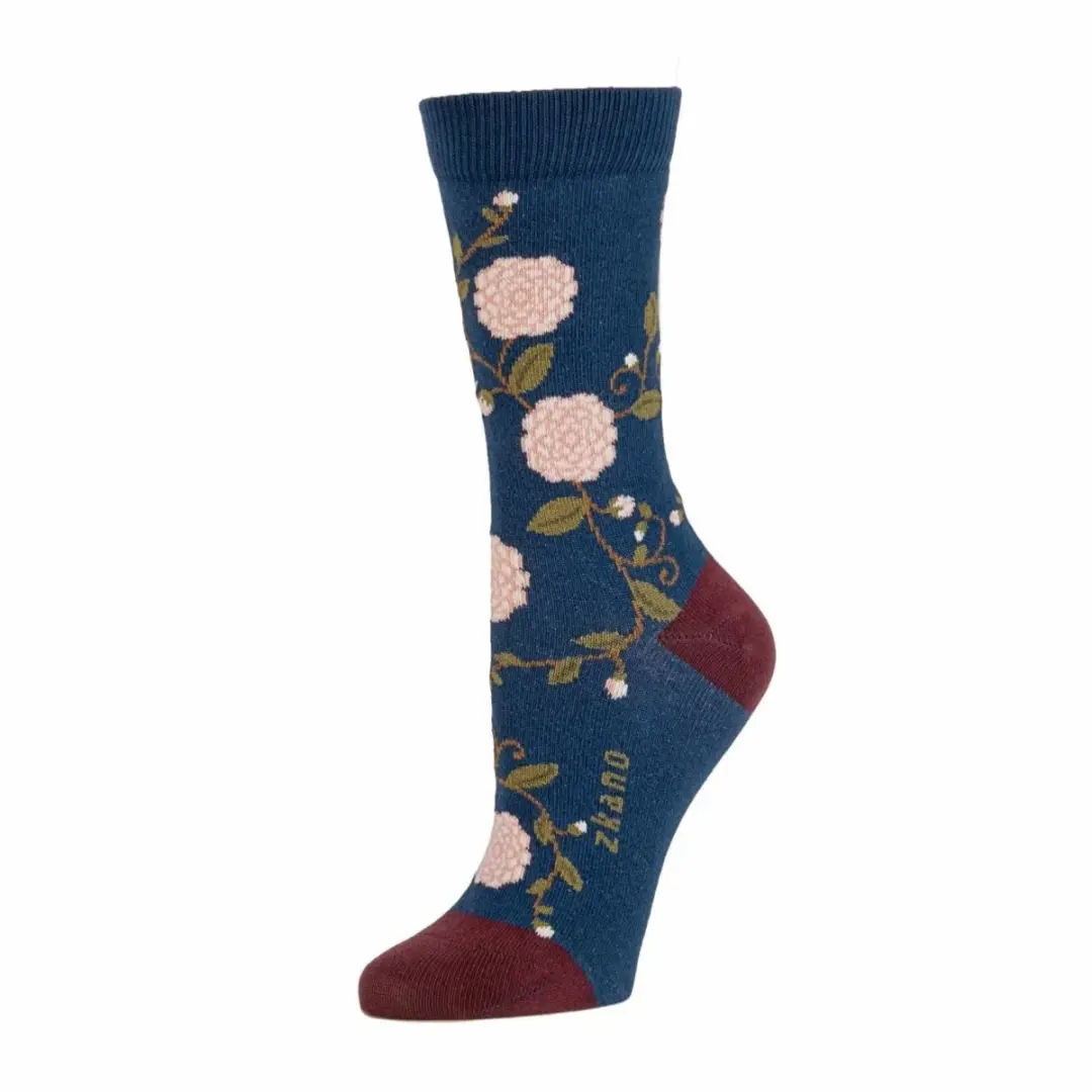 Camellia Floral Crew Sock in Blue Jean