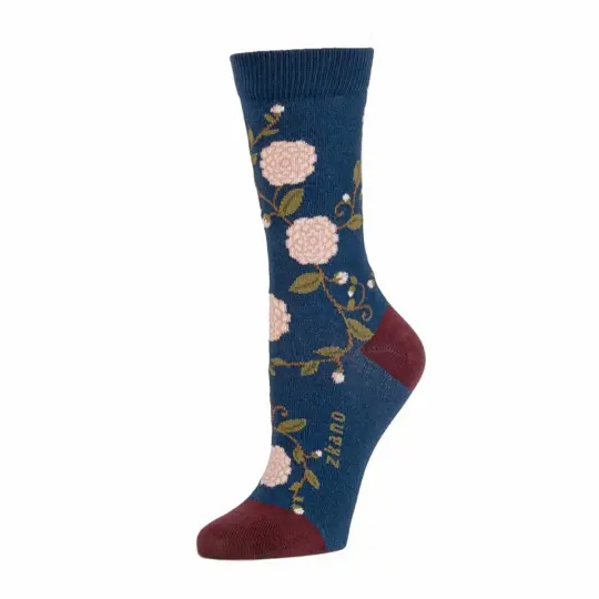 Camellia Floral Crew Sock in Blue Jean
