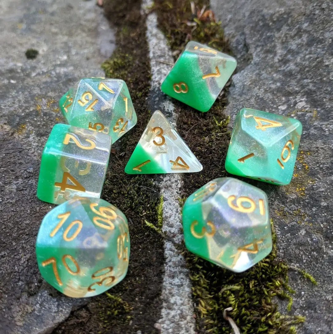 Spring Dew Dice Set – 7-Piece Translucent Micro Shimmer Green Pearly Bottom DnD