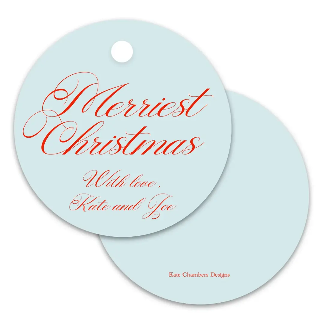Blue and Red "Merriest Christmas" Script Round Holiday Gift Tag