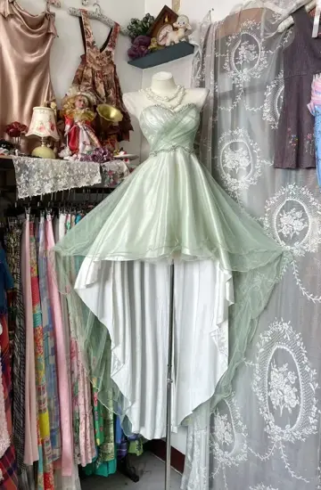 Light green strapless, fitted waist, high-low skirt sexy ball gown R7595