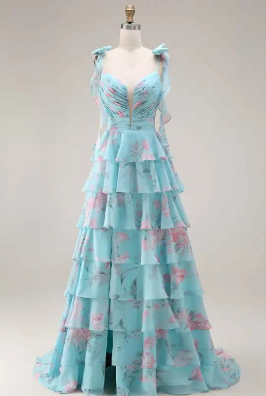 Blue Floral Prom Gown , Flowy Frilled Corset Maxi Summer Dress Cami Dress RS1424