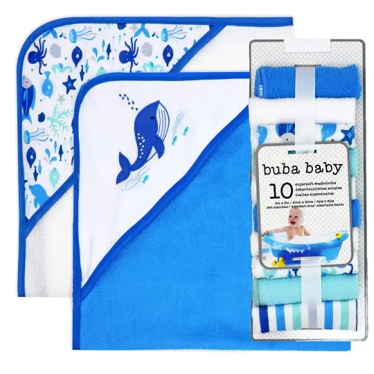 Buba Baby 2 Pack Hooded Baby Bath Towels with 10 Matching Washcloth Set , Whales