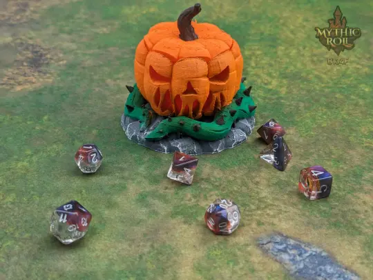 Pumpkin Jack O' Lantern 3D Printed Dice Jail - Mythic Roll Collection by Unchained Games - Guard Your Dice with Spooky Delight!