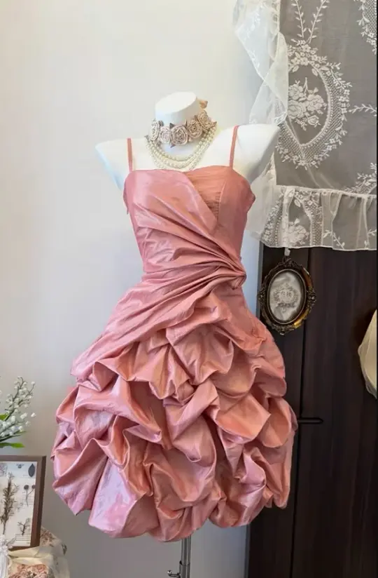 Pleated Puffy Corset Homecoming Dress , Dreamy Pink Short Prom Dress Party Dress RS2117