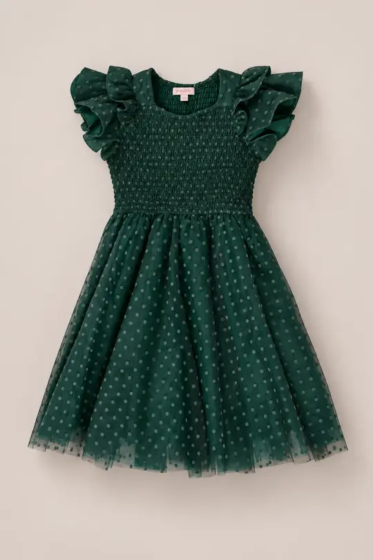 Mini Hattie Dress in Green Flocked Dot Tulle