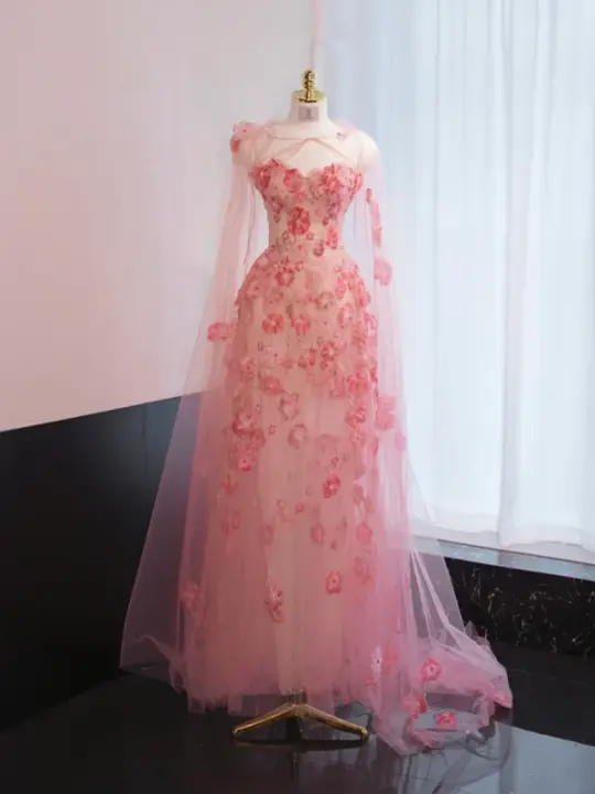 Pink strapless fitted long ball gown, bridal dress R8965