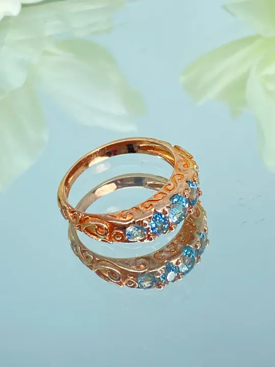 Natural Blue Topaz Ring, Size 7, Rose Gold 5-Stone Georgian Victorian Jewelry #D19 - Ready to Ship