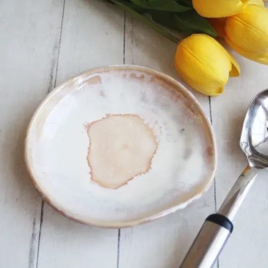 Large Spoon Rest Handcrafted Pottery Spoon Holder in White and Ocher Glaze