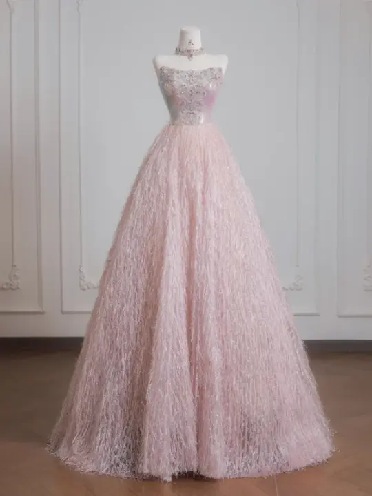 Light pink strapless, fitted waist, A-line skirt, long ball gown R8231