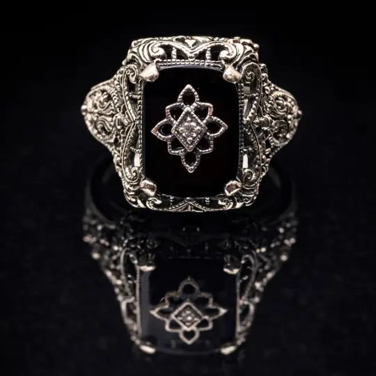 Jet Black Embellished Autumn Ring, Rectangle Gem with inset gem, Vintage Jewelry #D200e