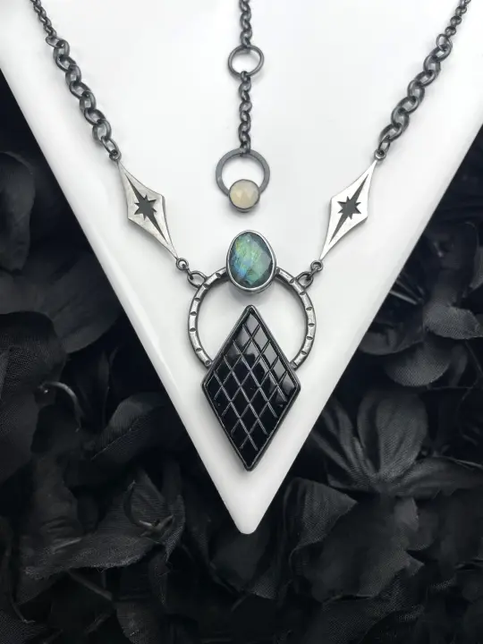 Vintage Glass & Labradorite Necklace with Atomic Starburst Links