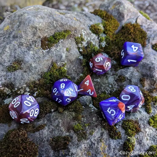 Midnight Rose Dice Set – 7-Piece Marbled Pearly Purple Copper DnD Dice