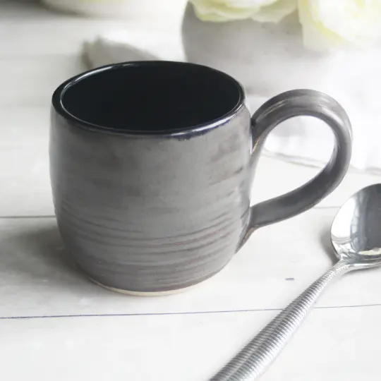 Hand Carved Pottery Mug in Satin Gray Glaze, Made in USA