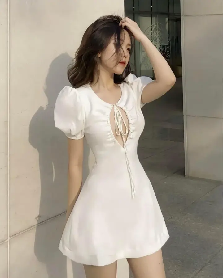 White puff sleeves hollow waist slim A-line mini skirt homecoming dress R3918