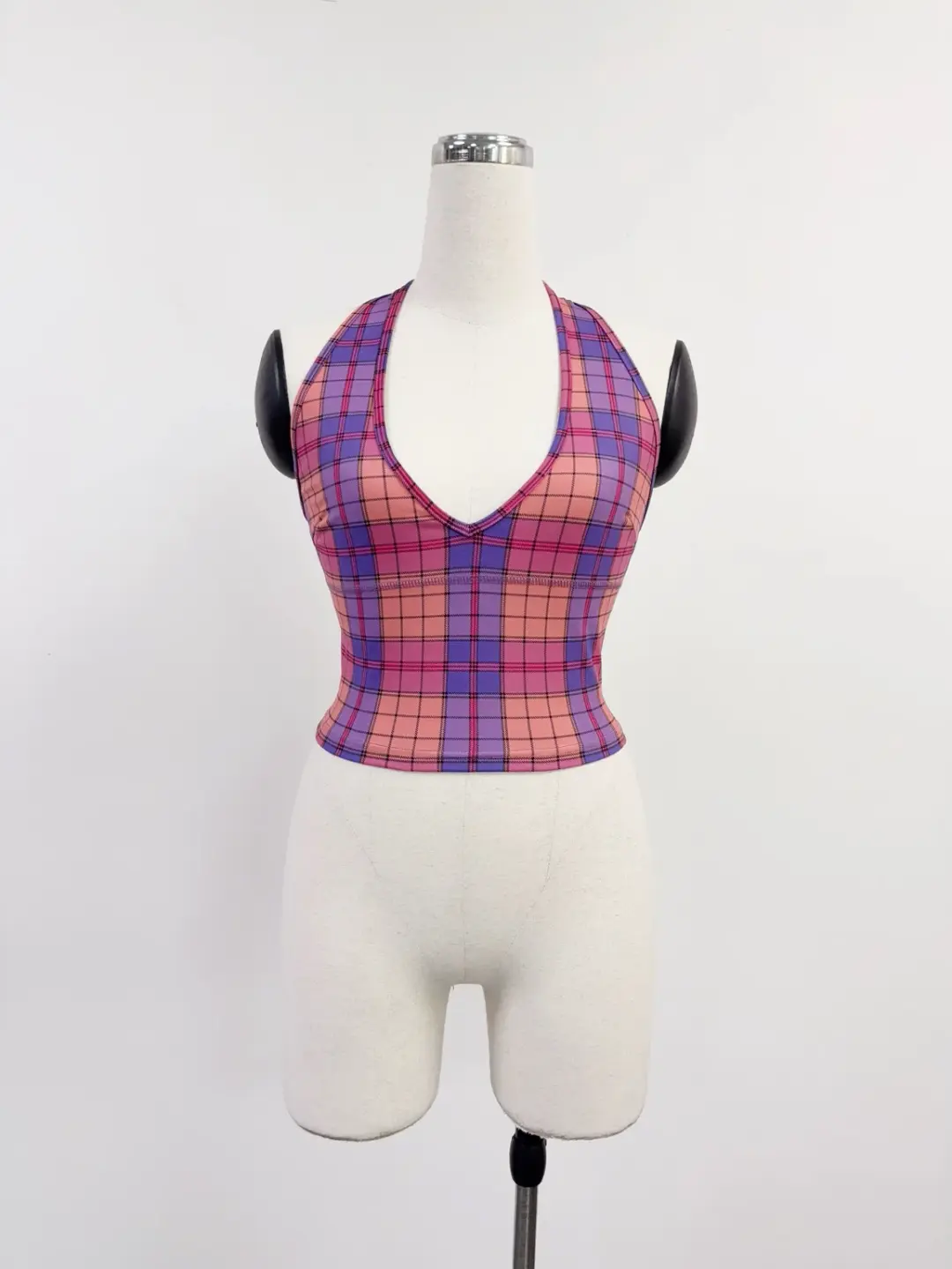 SAMPLE #396 - S Plaid Halter Yoga Top - Purple Plaid