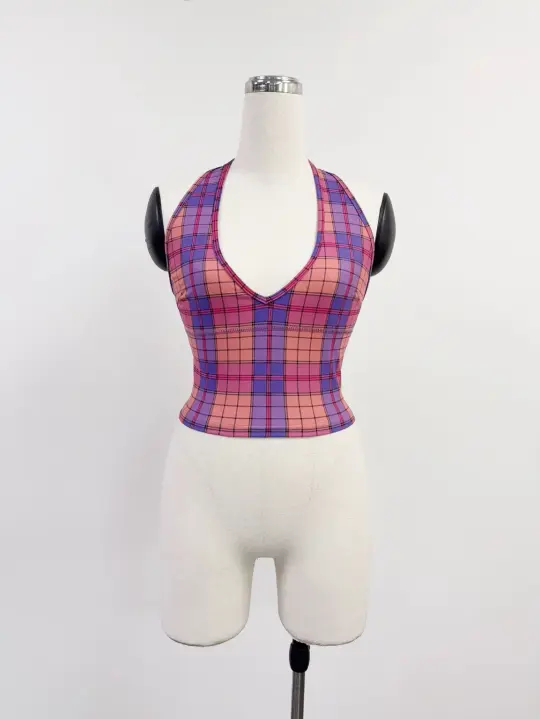 SAMPLE #396 - S Plaid Halter Yoga Top - Purple Plaid