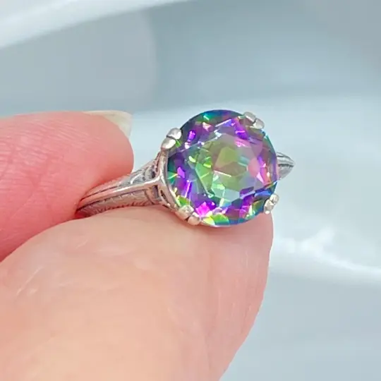 Natural Mystic Topaz Ring, Size 6, Button Ring, Art Deco 1930's Style Jewelry, #D12