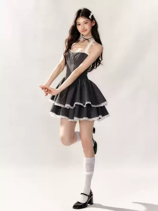 Black Halter Corset Tiered Mini Dress with White Lace Trim and Sparkle Details R9229