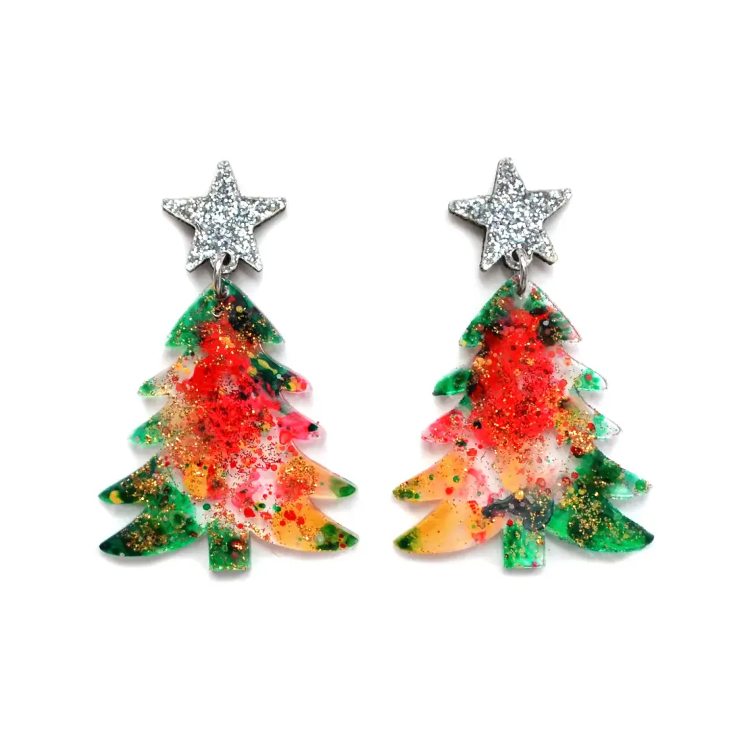 Red and Green Holiday Christmas Tree Resin Acrylic Earrings