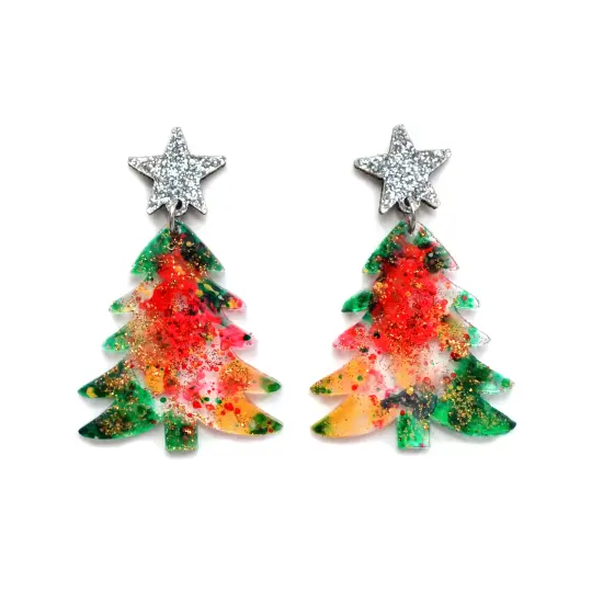 Red and Green Holiday Christmas Tree Resin Acrylic Earrings