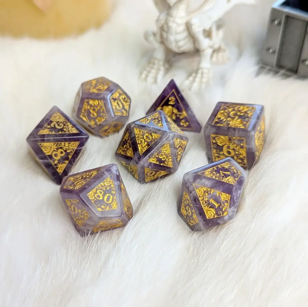 Amethyst Rose Vine Dice Set – 7-Piece Real Purple Gemstone DnD Dice
