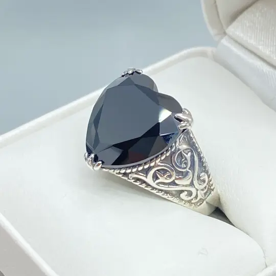 Black CZ Ring, Size 8.5, Heart Gem, Gothic Filigree Jewelry #D132 - Ready to Ship