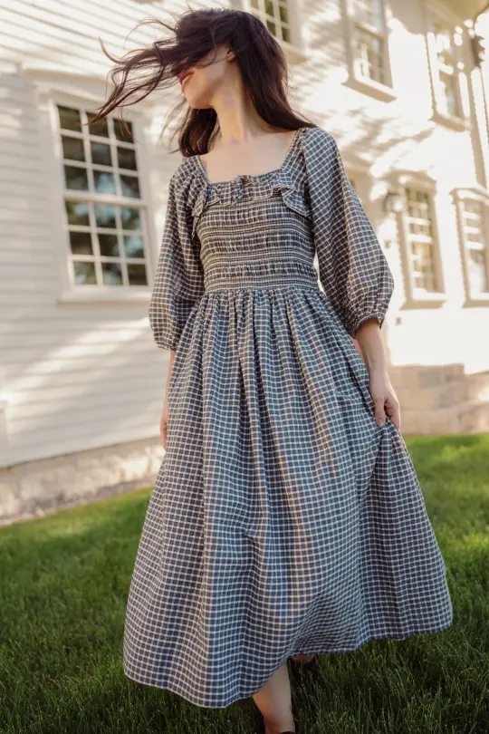 Mae 3/4 Sleeves Dress in Prussian Blue Plaid