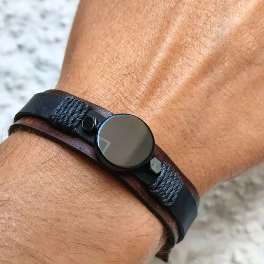 Men's Black Agate Leather Bracelet – Adjustable Watchband Style