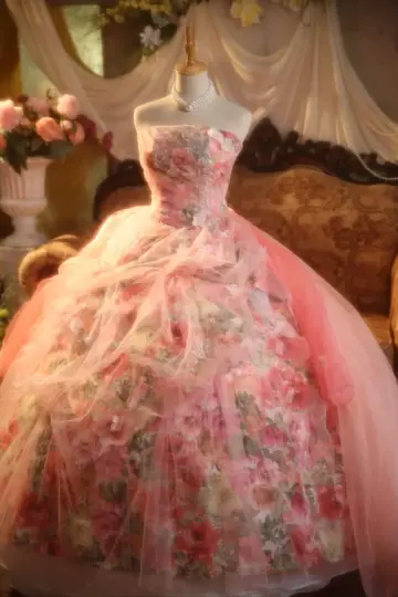 Pink floral-patterned strapless ball gown with a cinched waist and a voluminous puffy skirt; bridal gown R7285