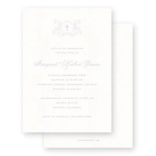 Lilac Crest with Cross Baptism Invitation