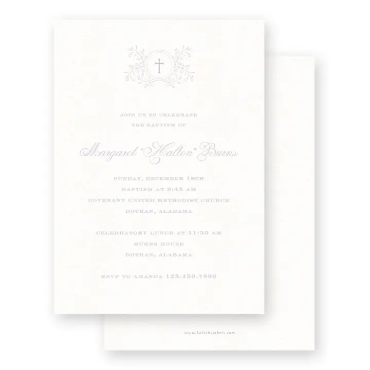 Lilac Crest with Cross Baptism Invitation