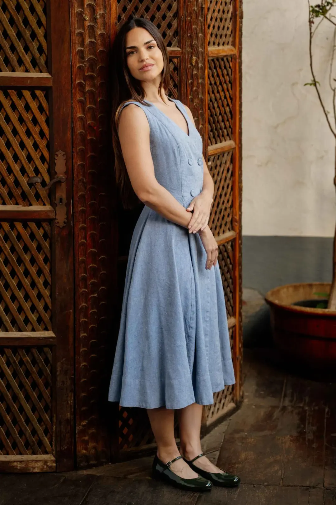 Rosa – Midi Linen Denim Dress with Double-Button Front