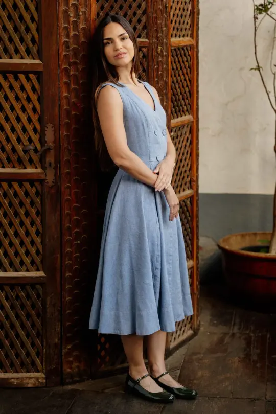Rosa – Midi Linen Denim Dress with Double-Button Front