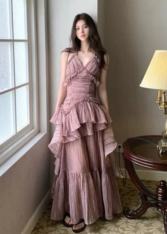 Chiffon Flowy Ruffled Corset Prom Gown ,Dreamy Dusty Pink Maxi Birthday Dress Party Dress RS1962