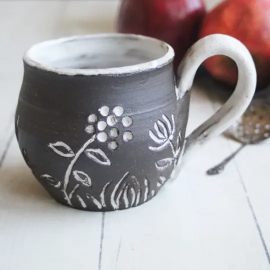 Small Pottery Mug with Dark Brown Raw Stone Clay, Carved Flowers, Made in USA