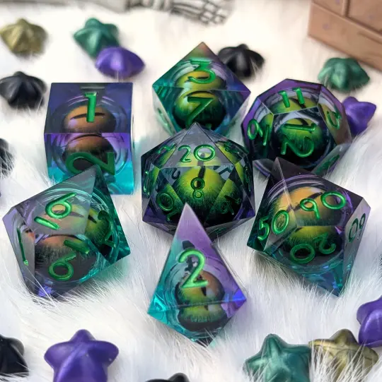 Moving Eye Liquid Core DnD Dice Set - Teal & Purple - Basilisk's Eye