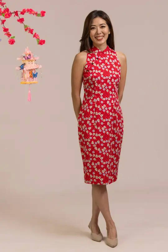 Ladies Heidi Cheongsam - Red Fans