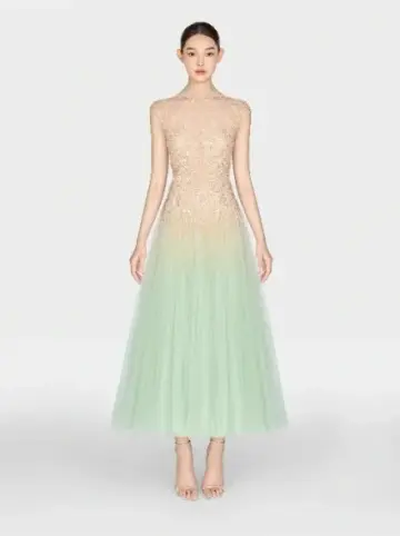 Gradient color suspenders nude pink upper body slimming elegant light green skirt long skirt homecoming dress R4791