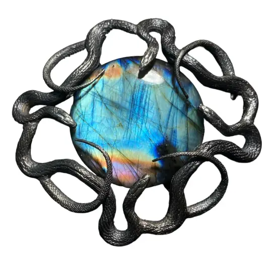XL Quadruple swirling serpents pendant with icy labradorite