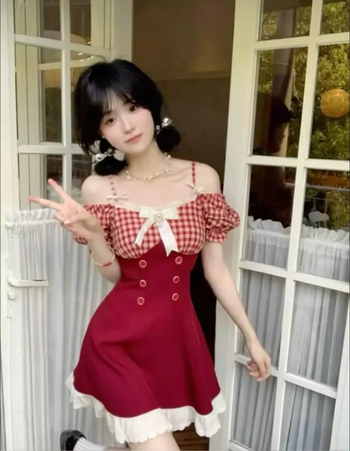 Red checkered suspenders one shoulder waist slim fit cute sexy short skirt homecoming dress R4046
